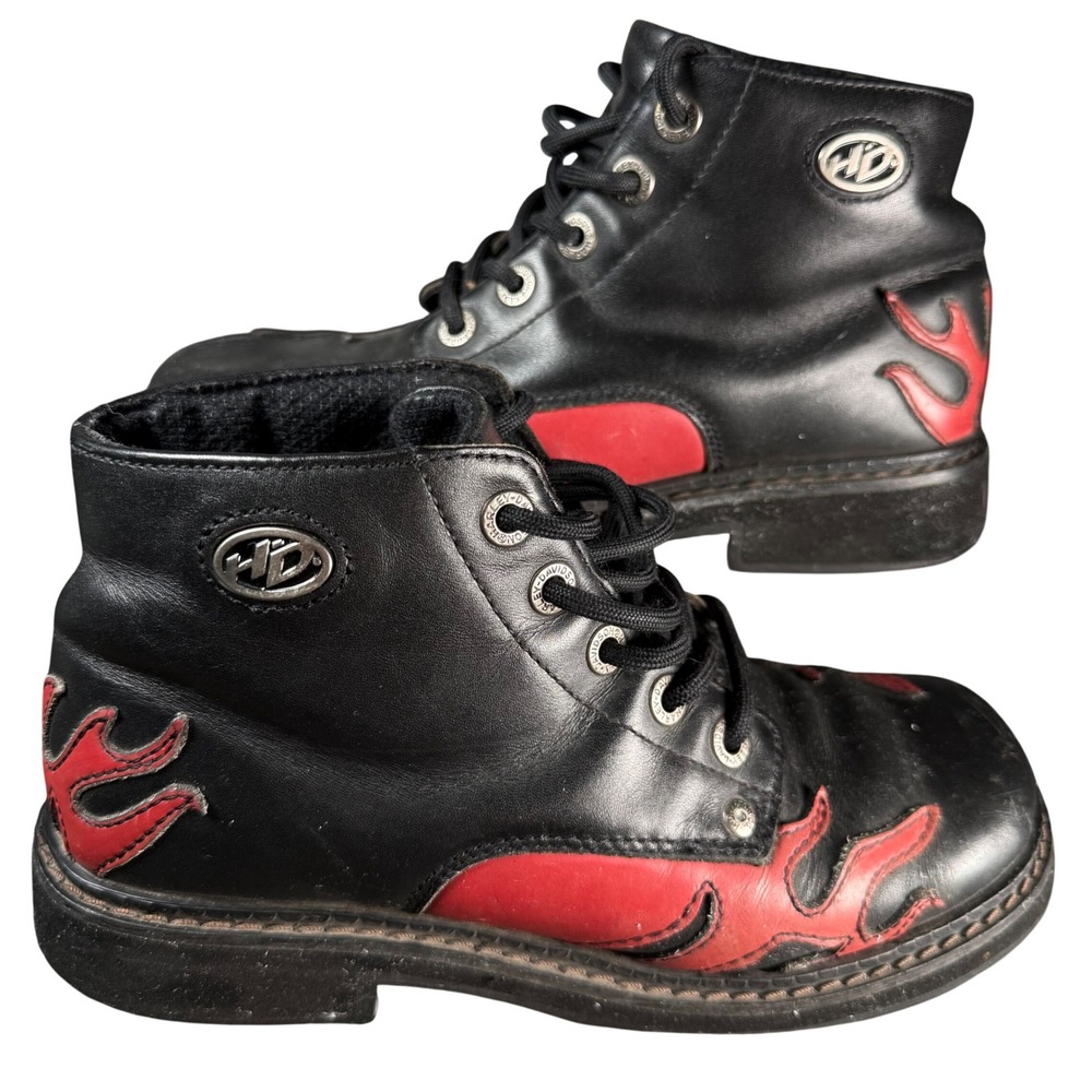 Harley Davidson Flame Ankle Boot Women 7 Black Leather Vintage Biker Moto Grunge